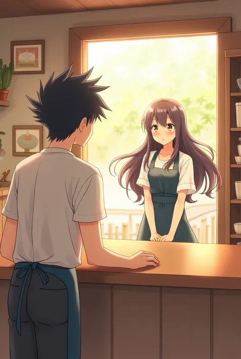 Two characthers in the frame with anime theme art. one character is male with come hairstyle using  white t-shirt and apron on it standing behind the counter looking at Beautiful female with long hair and japanese one piece coming from the front door