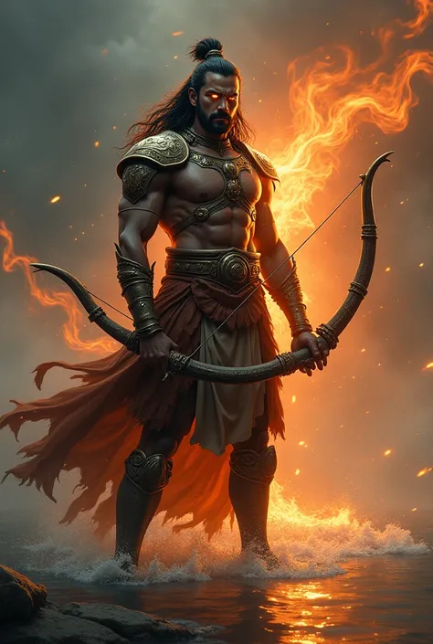 Arjuna holding his weapon in Mahabharata with water in background with fire in eyes and in serious mode 