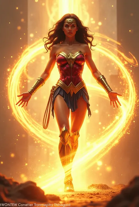 Wonder Woman with her arms extended wide spinning or turning to achieve her transformation into Wonder Woman yellow magic around her entire body