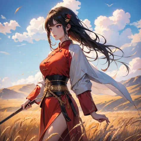 A beautiful female general holding a large spear in red ancient Chinese general costume, standing in the middle of a wheat field. behind which are mountains, there are low clouds floating in the blue sky.