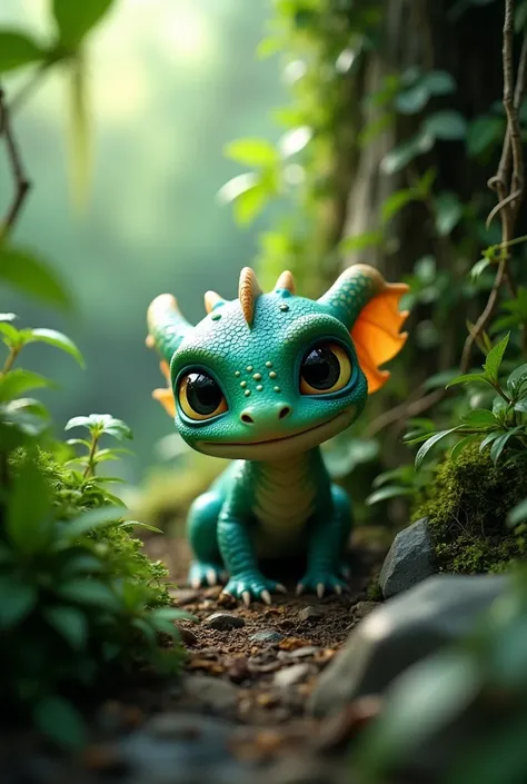 Prompt: "A small, adorable baby dragon, with bright green and blue scales, peeking out from behind some bushes. The dragon has big, teary eyes, looking scared and lost. It is surrounded by the dense greenery of the jungle, with a few vines and rocks around...