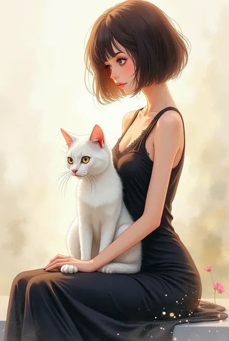 anime style illustration，Depicts a brunette with short hair、woman wearing black dress，A mysterious white cat sits on your lap。This painting is drawn using watercolor pencils with a splatter style。Cute illustration style，Showing a cute and beautiful girl an...