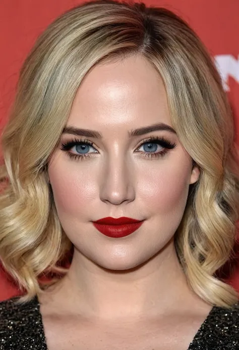 A waist-up portrait of a beautiful female whose face combines features of Elizabeth Lail + Meghan McCain. The female has lovely makeup on her face. The female wears red lipstick. Symmetrical eyes. Symmetrical face. Lovely details. Photorealistic. Full-colo...