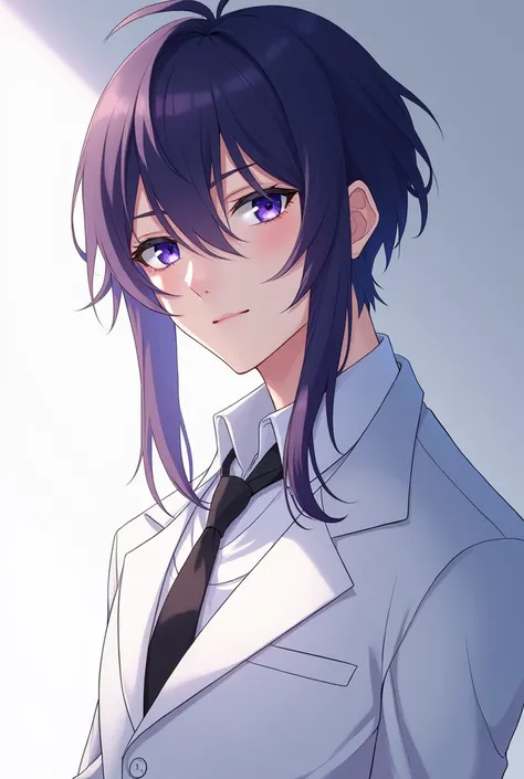 Anime boy with blue and purple eyes, short dark purple hair, and long hair that reaches just above his shoulders. ,fair skin and white suit
