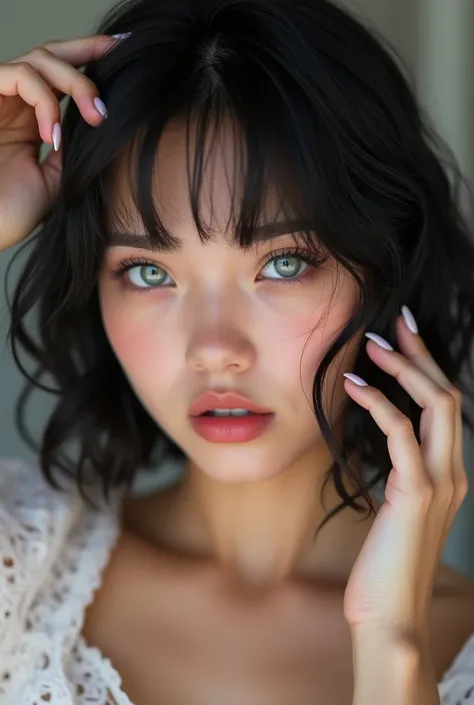 RAW photo, best quality, masterpiece, photorealistic, Polish girl, 20 years old, black hair, Light grey eyes, short bob cut, hair in 7 thirds, hair over one ear, Symmetrical eyes, solo, White skin, Detailed Skin, Detailed face, Big Breasts, rip gloss, blus...