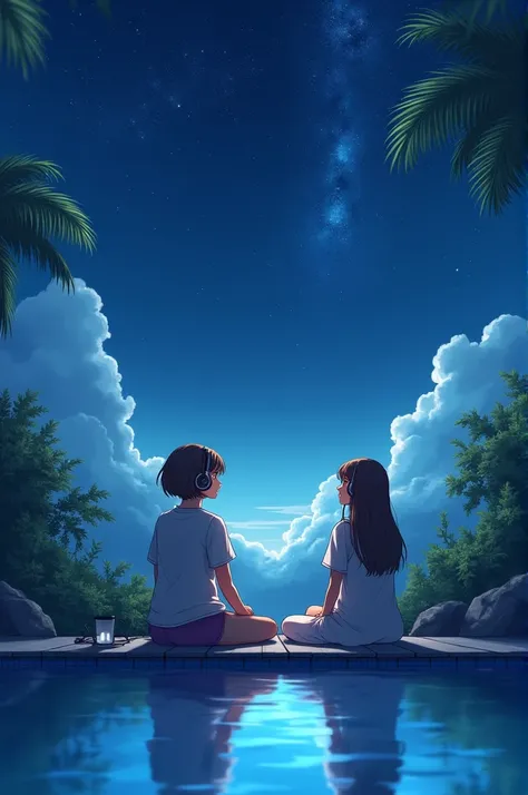 Two girls star gazing near a pool listening to music