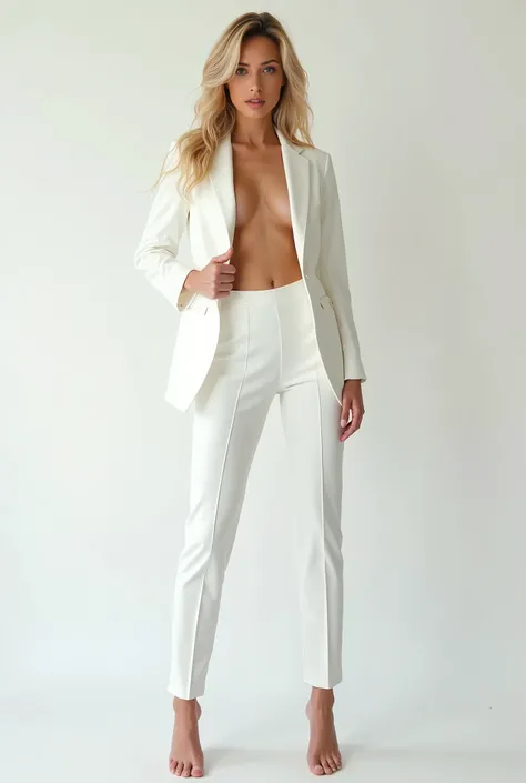 blonde young woman in a white suit posing for a photo, Girl in a suit, Girl in a suit, good hips, lange Beine, photo of slim girl model, jacket over bare torso, Beautiful fashion model body, Cute young lady of whole body, very nice slender legs, Schlanke B...