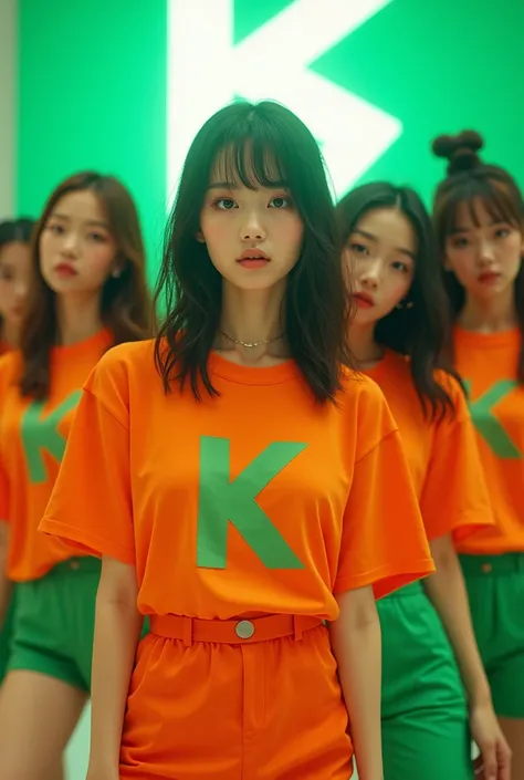 Kpop girls orange and green tshirt initial TKD