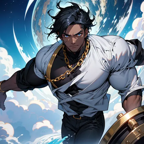 draw a black-skinned cyclops with no mouth and no nose, bright blue eye, short, dark grayish black hair messy with a white lock, celestial shirt, gold lace, and black pants, anime style, high, corpulent, 