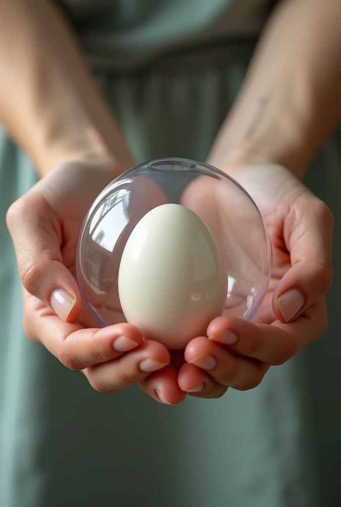 Create an image of hands holding an egg in a plastic container