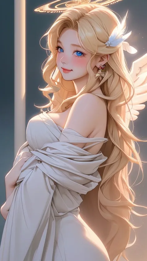 One person, solo, chest, blue eyes, Blonde long hair、Angel Halo, masterpiece, Highest quality, Anatomically correct, Goddess Long Dress。Red blush on cheeks、A large white feather grows from around the shoulder blade.、masterpiece, Angel Halo, Cinematic light...