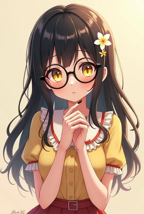 Anime nerdy girl, black hair, hair highlights, tan skin, yellow eyes, full body, black nails, round glasses, frilly skirt, girly shirt, bashful, flower hair accessory, sleepy