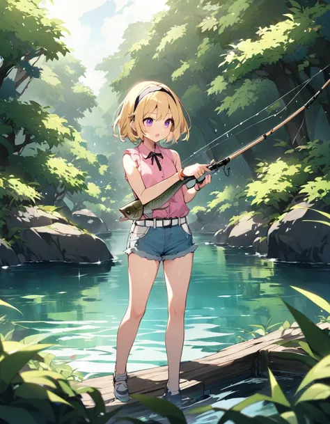 ((fishing)), fishing竿, 1 female, alone, yellow hair, blonde, purple eyes, short hair, hair band, flat chest, collared shirt,slee...