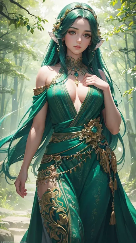 a handsome forest spirit, 1 man, detailed green outfit with leaf and floral patterns, long flowing teal hair, less skin exposure, graceful mature appearance around 2, expressive eyes, serene expression, lush mystical forest background, soft lighting, glowi...