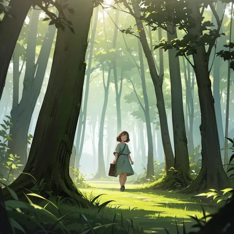 Lila in the Forest:Lila, a young girl in simple clothes, walking through a lush, green forest, with sunlight filtering through the trees.