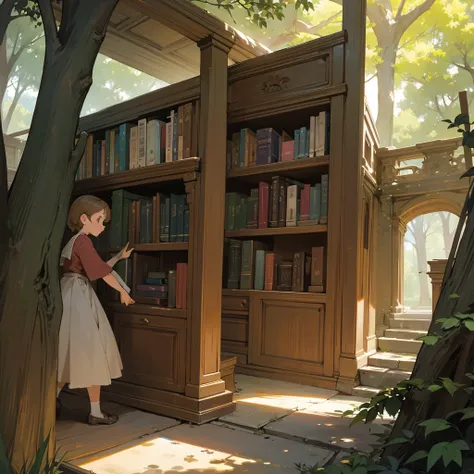 Discovering the Library:Lila finding an ancient, hidden library nestled among the trees, with cobweb-covered shelves and dusty books.