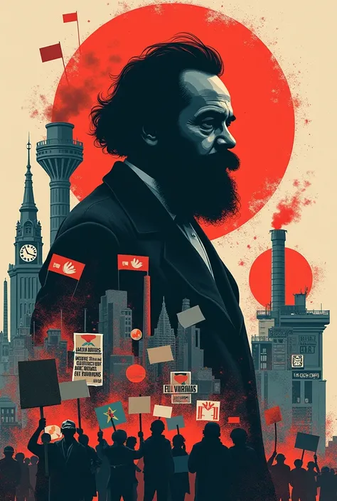 Poster(drawing) art
Central Image: A modern graphic of Karl Marx’s silhouette with contemporary symbols like smartphones, factories, and diverse protest imagery.
Background: A collage of current social movements and protests, like climate action and worker...