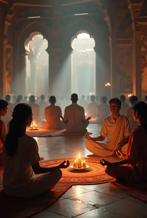 Scene: Images of people meditating, lighting lamps in a Hindu temple.