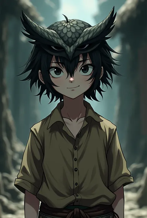 boy, owl mask, dark brown hair, exorcist, smiling, looks a little crazy, old brown shirt, Native pants, black eyes completely , anime, Owl mask covers half of the head, revealing the eyes, white face, short hair
