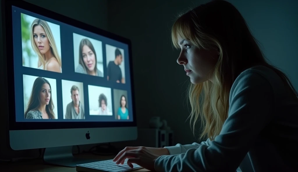 A woman sitting at a desk, looking at her computer screen with a shocked and confused expression. The screen displays intimate photos of her husband and her close friend. The room is dimly lit, highlighting her emotional turmoil and the distress of discove...