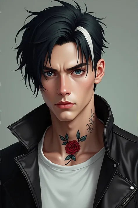 Semi realism - Man with light skin. Black hair with a white streak and blue eyes. He has a rose tattoo on his neck and is wearing a leather jacket with a white t shirt underneath