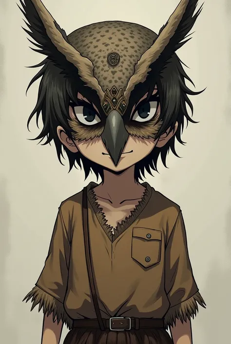 boy, owl mask, dark brown hair, exorcist, smiling, looks a little crazy, old brown shirt, Native pants, black eyes completely , anime, Owl mask covers half of the head, revealing the eyes, white face, short hair, small eyes