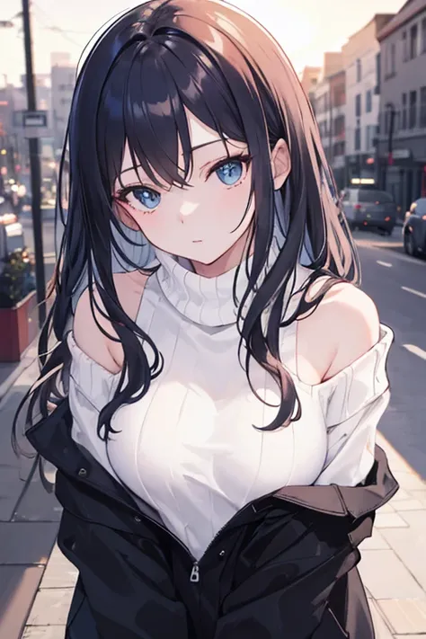 ((best quality)), ((masterpiece)), (detailed), 1girl, off-shoulder sweater, impressed background, between city stress, winter outfit, long hair, powerful  sun light,3/4 angle, half body,chilling,impressed light and shadow 