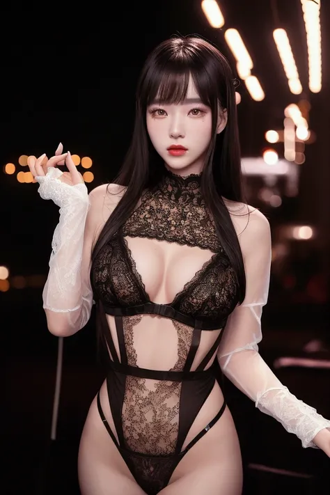 (Cinematic Aesthetic:1.4) Photo of a beautiful korean fashion model bokeh city nights,wear see through outfit, bodysuit, lingerie black, lace gauntlet
