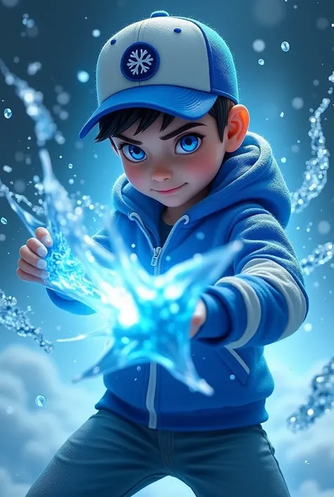 a young real teenage age 15 Malaysia Indonesia (blue eyes . wearing an (blue and white ) zip-up shirt, (blue and white ) cap with small (snow flakes) logo, detailed face, cinematic lighting, dramatic atmosphere, vibrant colors, 8k, high quality, photoreali...