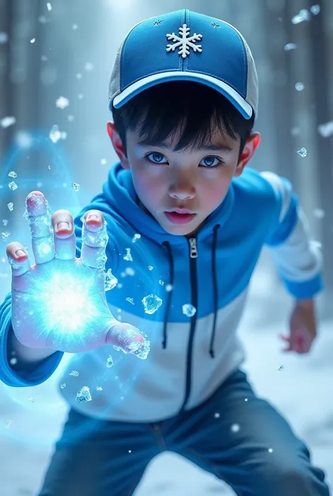 a young real teenage age 15 Malaysia Indonesia (blue eyes . wearing an (blue and white ) zip-up shirt, (blue and white ) cap with small (snow flakes) logo, detailed face, cinematic lighting, dramatic atmosphere, vibrant colors, 8k, high quality, photoreali...