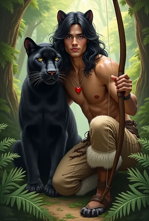 A very handsome guy with the masculine features of a young man and black hair down to the ground with bangs to the side. He is bare-chested and has golden-tanned skin.. He is very slim and stately.. He has a red heart pendant on his chest.. There are panth...