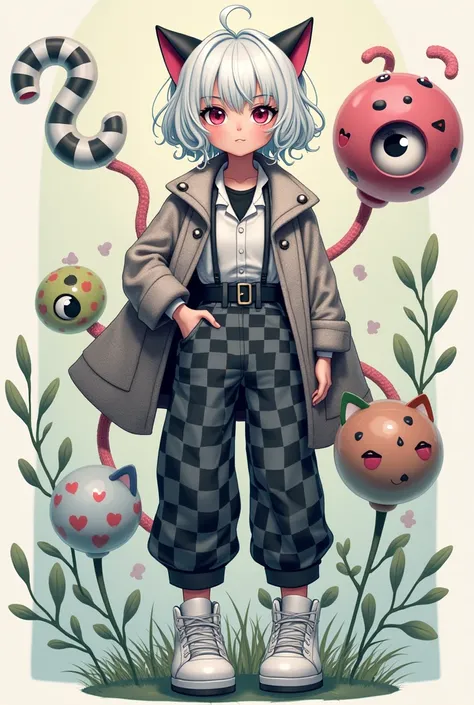 white wavy hair, black and gray checkered pants, white shirt, cat ears, black shirt, white shoes