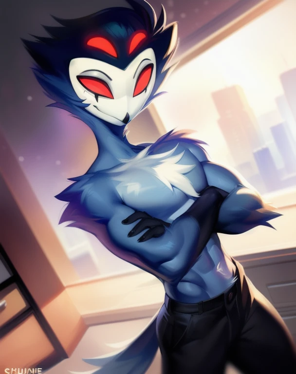 (furry art, climb on e621), ((stolas)), (the second, furry), SFW, smile, (dutch angle shot), Tilted, bright Eyes, smile afectada, (Black pants, ((shirtless)) eyebrows, Crossed arms, pose (decolaed office background), 1 chico, gray fur, short hair, black fu...