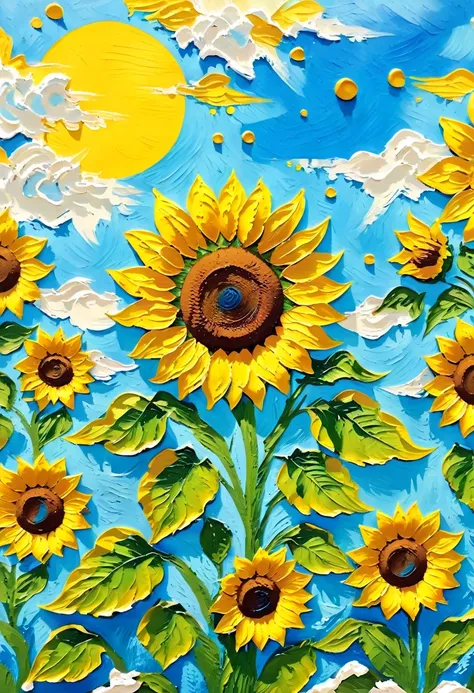 (((acrylic paint，thick coating，plaster texture)))，blue sky and white clouds，sunflower，vibrant gouache landscape, colorful scene,...