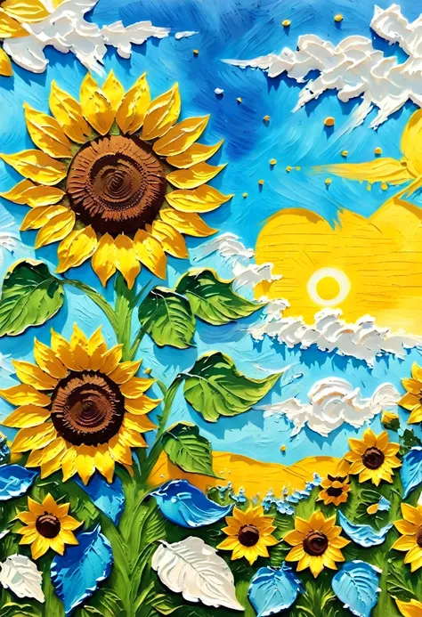 (((acrylic paint，thick coating，plaster texture)))，blue sky and white clouds，sunflower，vibrant gouache landscape, colorful scene,...