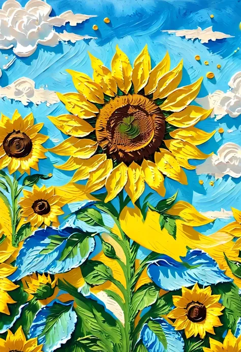 (((acrylic paint，thick coating，plaster texture)))，blue sky and white clouds，sunflower，vibrant gouache landscape, colorful scene,...