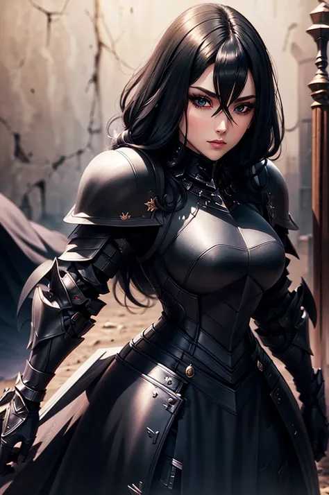 black armor knight, pale, woman, long straight black hair, blue eyes, black armor, adult