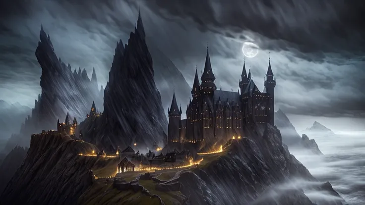 a dark fantasy scene, dramatic moody lighting, ornate castle on a cliff, fog swirling around, ghostly figures in the distance, d...