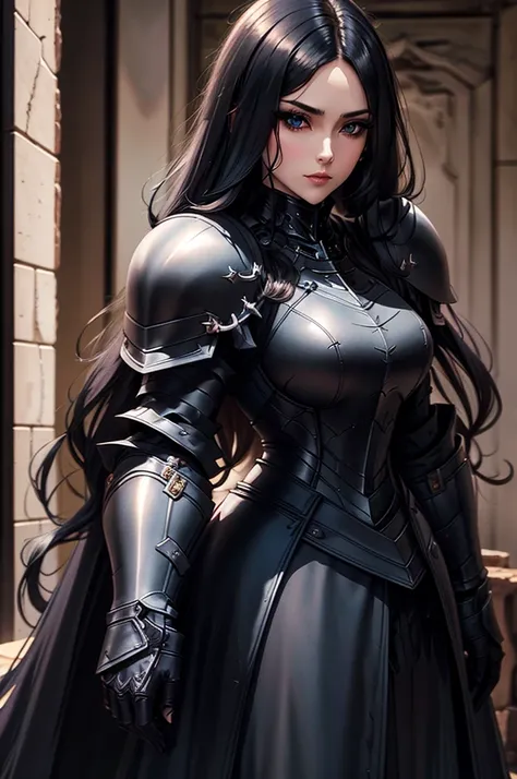 black armor knight, pale, woman, long straight black hair, blue eyes, black armor, adult