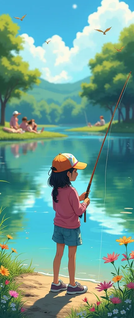 A scene where a girl is enjoying fishing on the shore of a calm lake. She is wearing a colorful cap, light outdoor clothing, and holds a fishing rod firmly in place. The sunlight reflects glitteringly on the surface of the lake, and the surrounding area is...