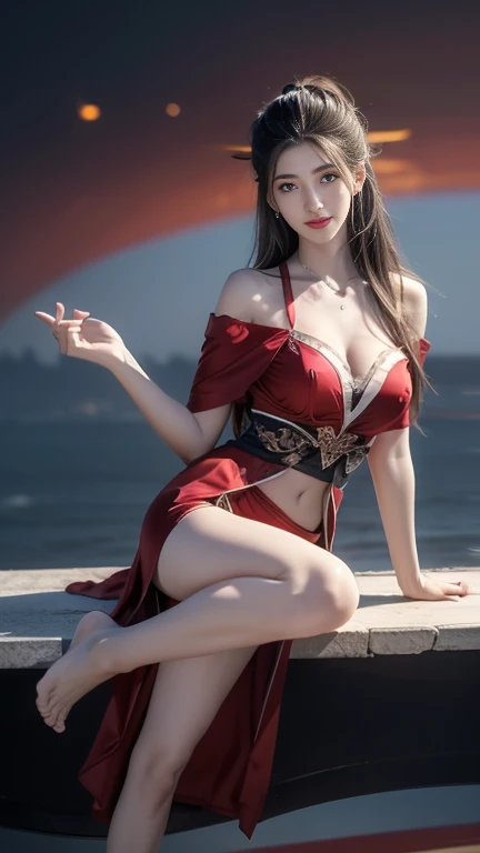 ((whole body)), 1 girl, Long hair, Red costume, Black Hair, long legs, Slender eyes, Fascinating eyes, Three long thin red hairpins, （（People floating in the air））, Elongated eyebrows, Tall and skinny, Clothes fluttering, （Very intricate details1.2）, Big r...