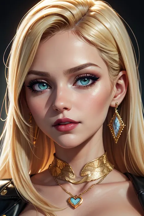 UHD 8k, HDR+, Tiffany, blonde hair, big piercing green eyes, makeup, mole above her mouth, heart-shaped tattoo, neckline, white dress, leather jacket, standing, blonde with a necklace, huge earrings, giant earrings, gold bracelets on her hands, high heels,...