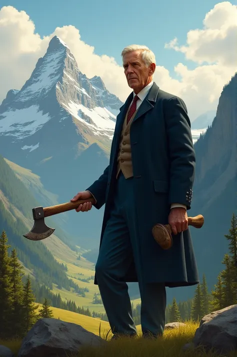 A president holding his old axe while looking toward the beautiful  mountain and valley  