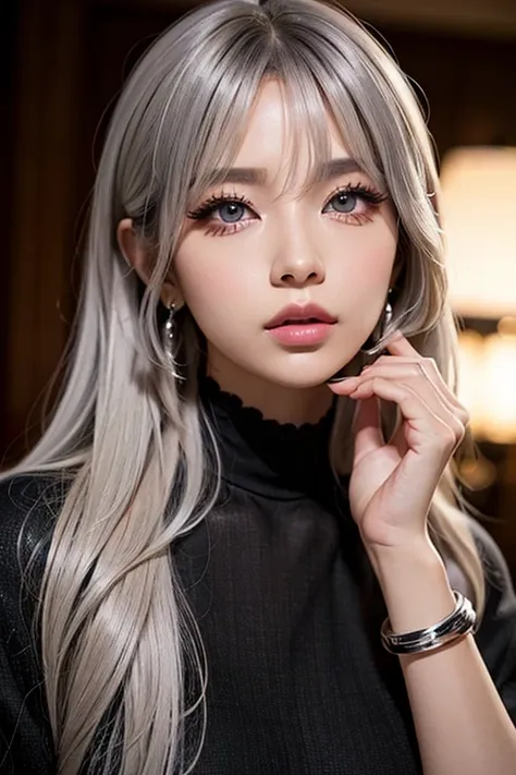 Black gal style woman、(Tan Skin:1.4)、Long silver hair、Big eyes with crispness、Matte base makeup、Heavy eye makeup、white highlight、Thick eyeliner、False eyelashes、Colored Contact Lenses、Sexy and edgy、Flashy accessories