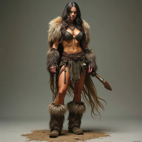 wild beautiful nude barbarian warrior woman, fur boots, fur belt, strong