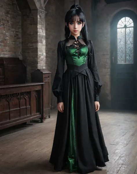 The girl stands and looks at the camera, The daughter of Severus Snape,witch, green eyes, black hair , (((11years old))), Girl in a gothic dress, long dress, floor-length dress, ponytail, High-quality beautiful eyes, Beautiful face, high quality face, dark...