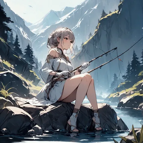 wide angle,{{masterpiece}}, {{{Highest quality}}},{{Very detailed}},Woman sitting on a rock and fishing,A young Chinese-looking female hermit fishing deep in the mountains,White attire, miniskirt,glove