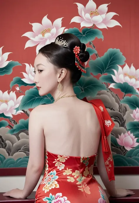 the empress of the qing dynasty is wearing a red floral patterned dress, posing naked with her buttocks exposed in profile in th...