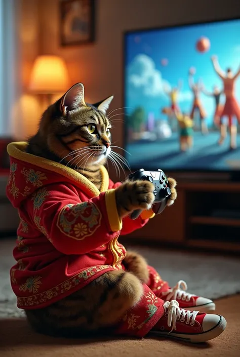 Tabby cat wearing a personalized Monkey King jumpsuit，Mini sneakers on feet，Using his feet to control the Xbox controller，Staring intently at the game screen on the 4K HDTV。