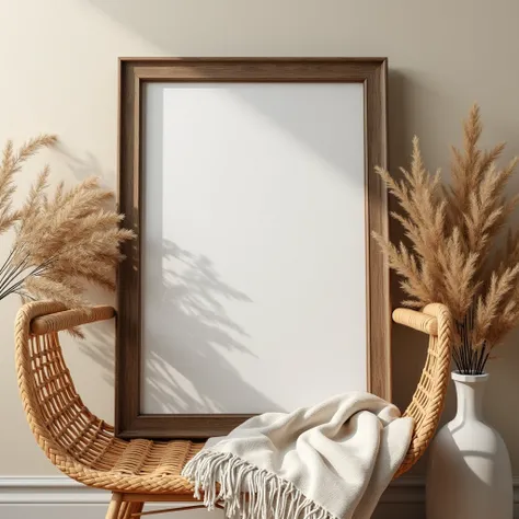 A boho-inspired mockup with a dark wood DIN A ratio frame on a textured beige wall. Nearby are a wicker chair, a soft blanket, and dried flowers, creating a relaxed and natural atmosphere